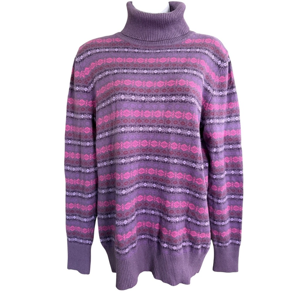 L.L. Bean Fair Isle Turtleneck Sweater M Pink Purple Cotton Cashmere Grandma